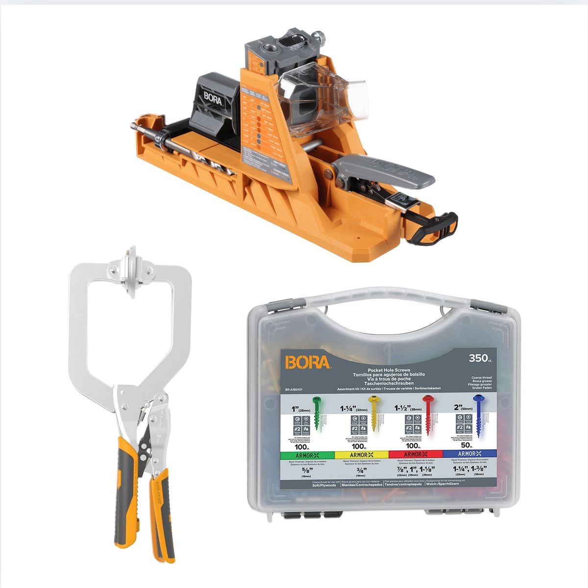 BORA Auto-Jig Pocket Hole System Project Pack with 3-Inch Face Clamp (BR-G060201) and 750-Piece Screw Set BR-A170203