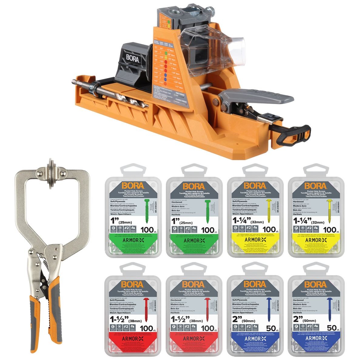 BORA Auto-Jig Pocket Hole System Project Pack with 3-Inch Face Clamp (BR-G060201) and 750-Piece Screw Set BR-A170203