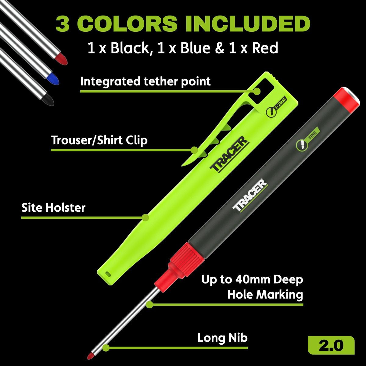 TRACER 2.0 Long Nib Holstered Marker 3pc Kit - Black, Red, Blue TLNPK3