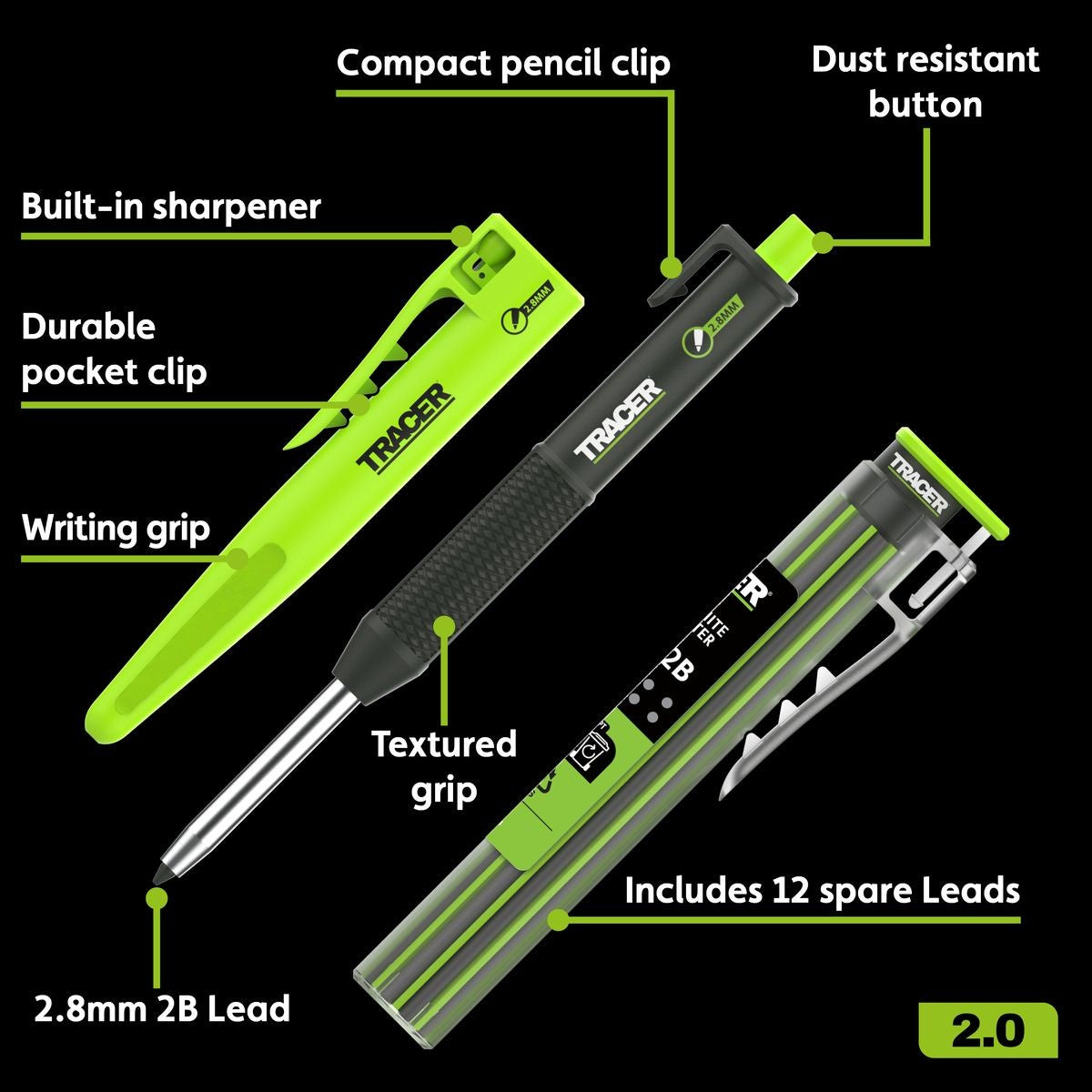 TRACER 2.8MM Deep Hole Pencil + 12pc Lead Holster TMK1
