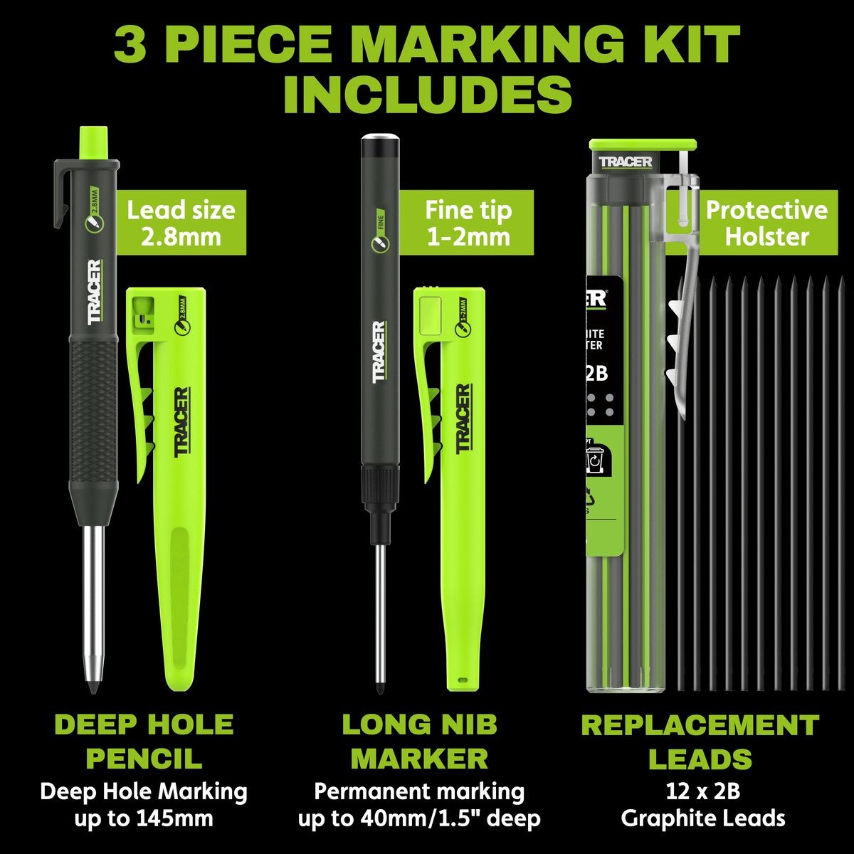 TRACER 2.0 3PC Marking Kit - Deep Hole Pencil + Lead Holster + Deep Hole Marker TMK3