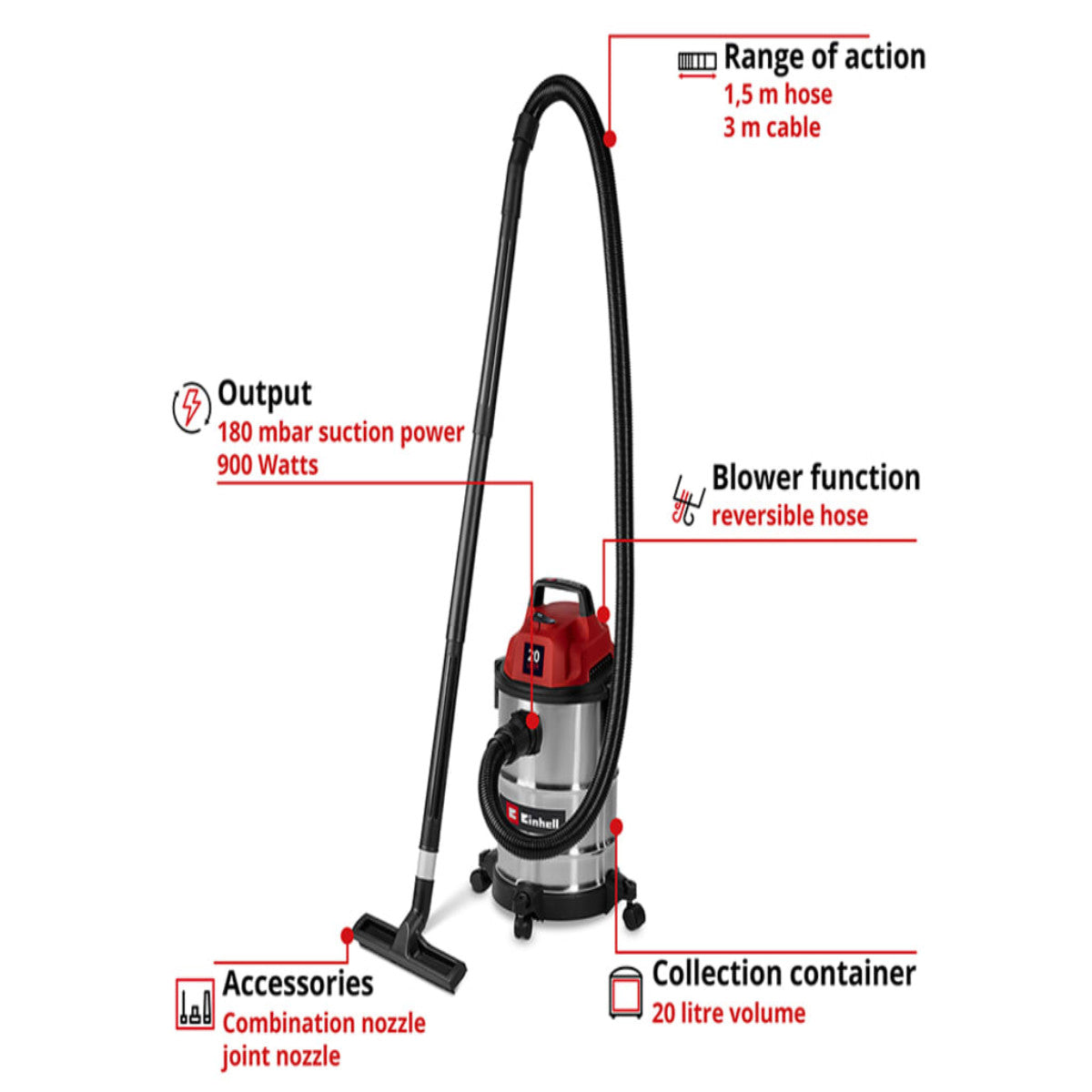 Einhell TC-VC 2045 S Wet/Dry Vacuum Cleaner 20 litre 900W 240V EINTCVC2045S