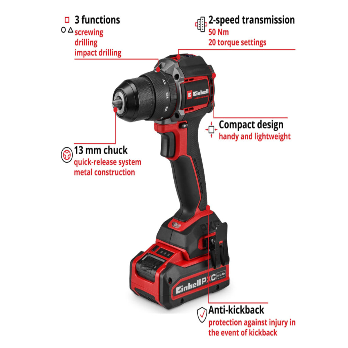 Einhell TP-CD 18/50-C Li-i BL Kit PRO Combi Drill 18V 1 x 4.0Ah EINTPCD1850K