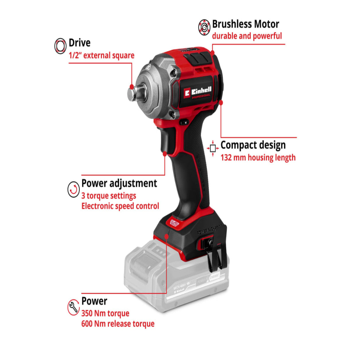 Einhell TP-CW 18/350-C Li BL-Solo PRO Impact Wrench 18V Bare Unit EINTPCW1835N