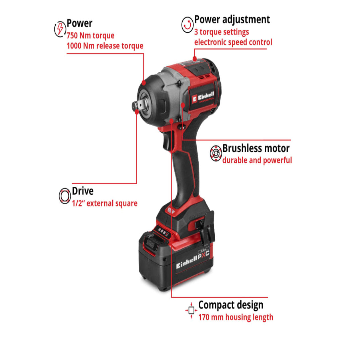 Einhell TP-CW 18/750-C Li BL Kit PRO Impact Wrench 18V 1 x 5.2Ah Li-ion EINTPCW1875N