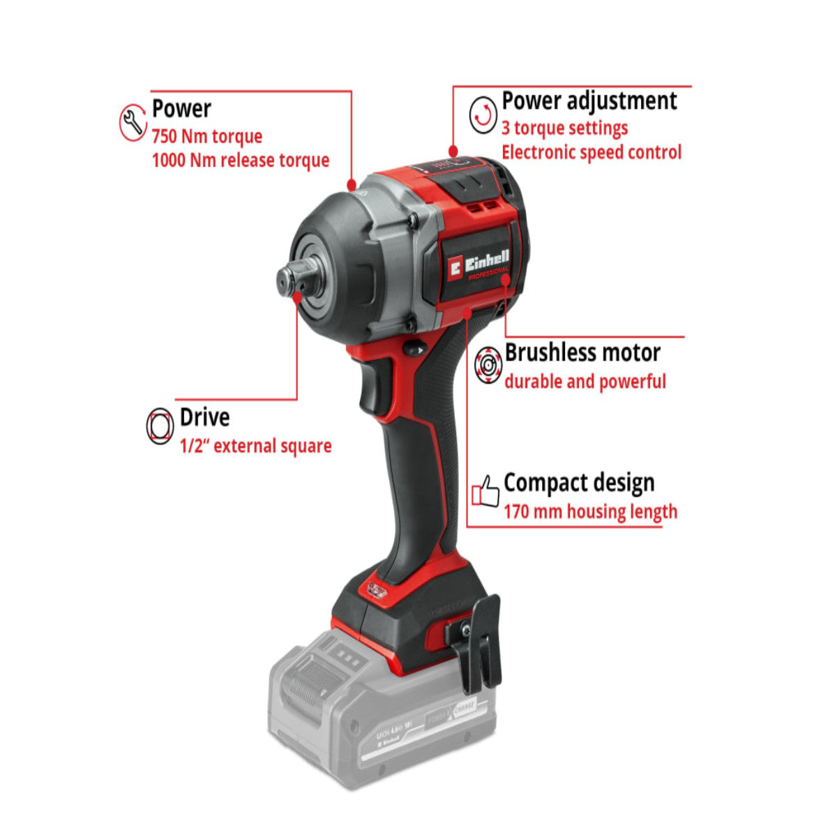 Einhell TP-CW 18/750-C Li BL-Solo PRO Impact Wrench 18V Bare Unit EINTPCW18CN