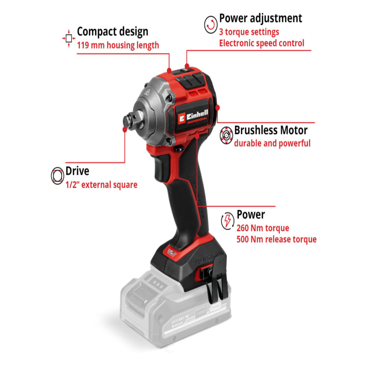Einhell TP-CW 18/260-C Li BL - Solo PROFESSIONAL Impact Wrench 18V Bare Unit EINTPCW18N