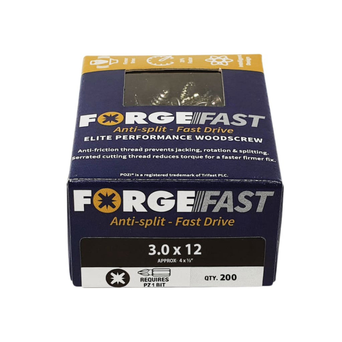 ForgeFix ForgeFast Pozi Compatible Elite Performance Wood Screw ZY 3.0 x 12mm Box 200 FORFFP312Y