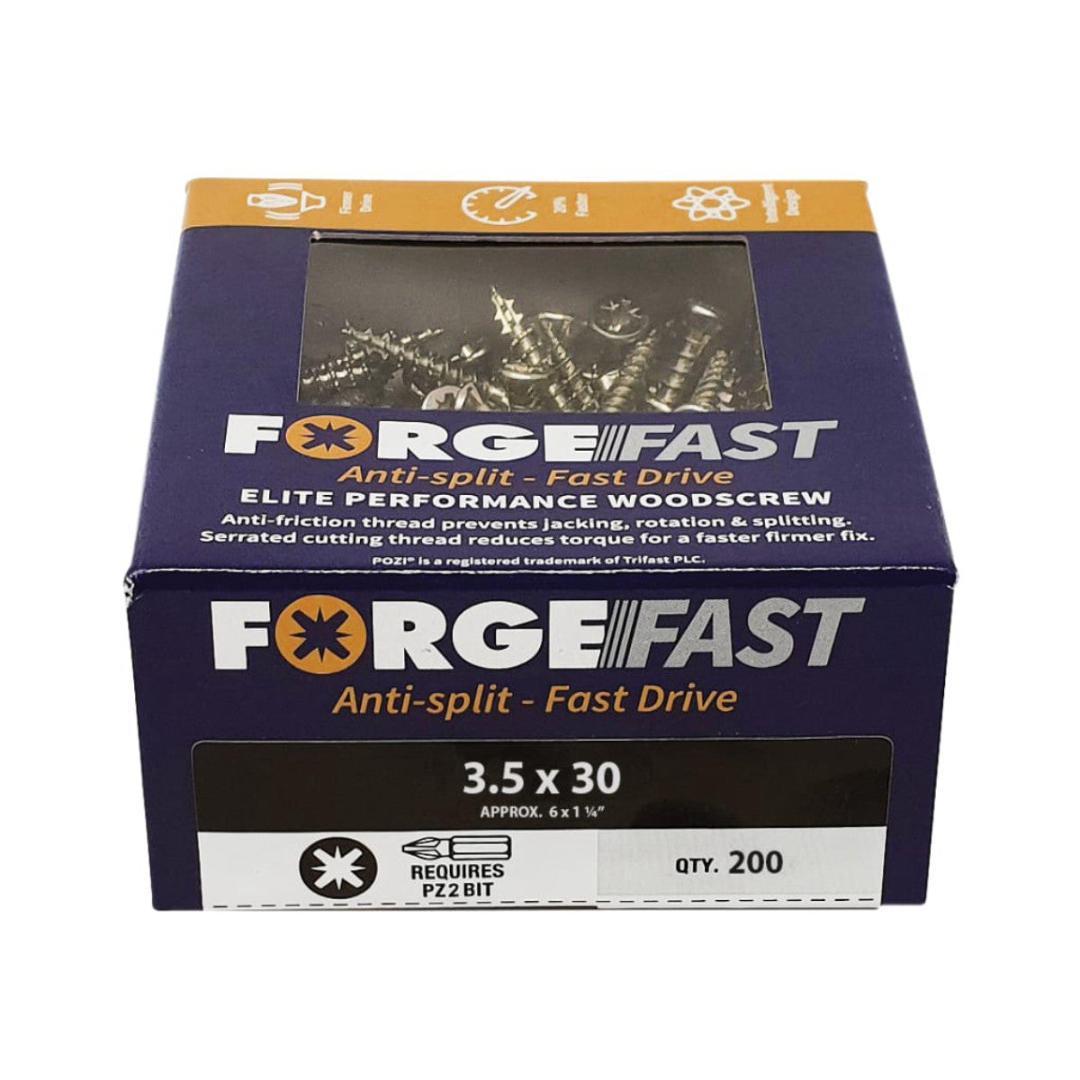 ForgeFix ForgeFast Pozi Compatible Elite Performance Wood Screw ZY 3.5 x 30mm Box 200 FORFFP3530Y