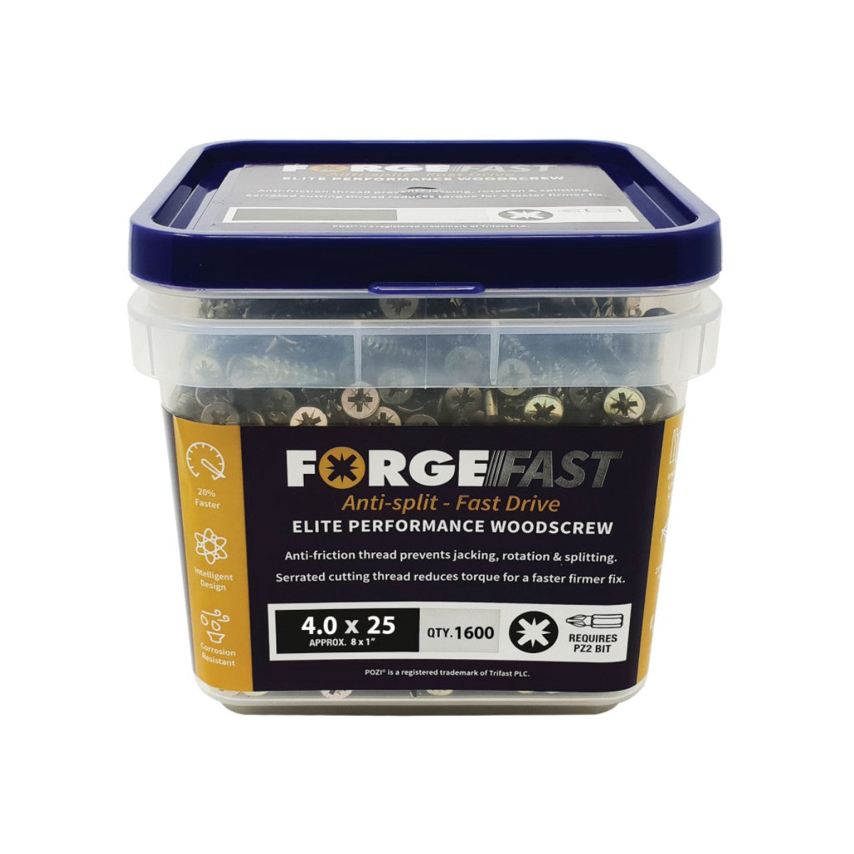 ForgeFix ForgeFast Pozi Compatible Elite Performance Wood Screw ZY 4.0 x 25mm Tub 1600 FORFFP425YT