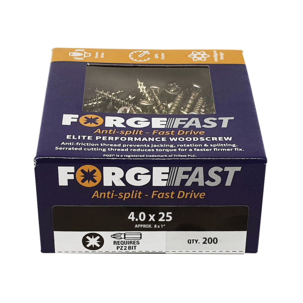 ForgeFix ForgeFast Pozi Compatible Elite Performance Wood Screw ZY 4.0 x 25mm Box 200 FORFFP425Y