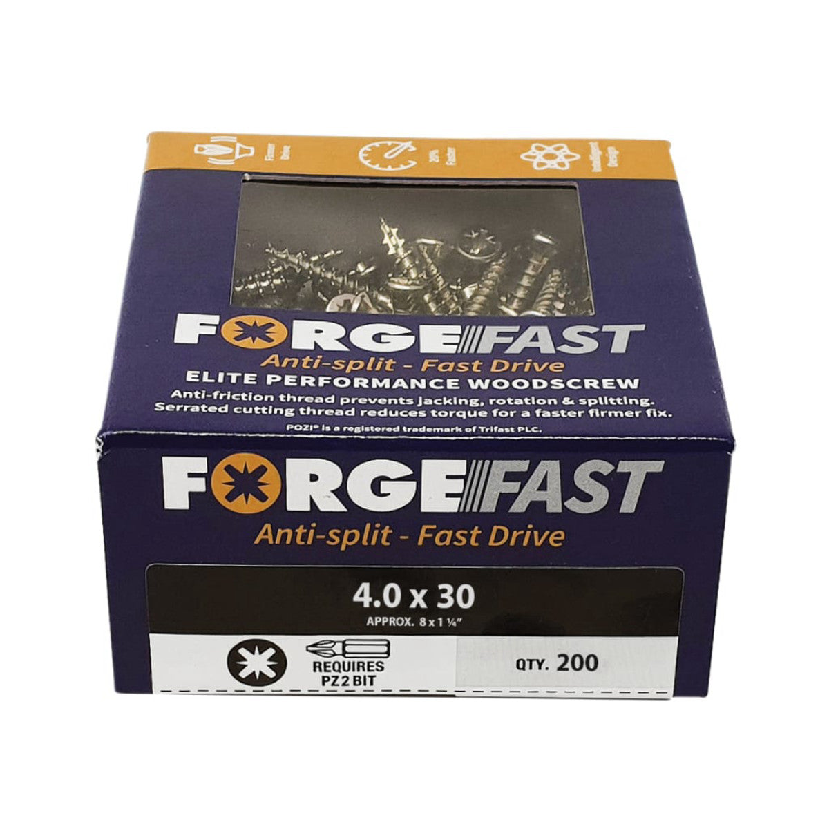 ForgeFix ForgeFast Pozi Compatible Elite Performance Wood Screw ZY 4.0 x 30mm Box 200 FORFFP430Y