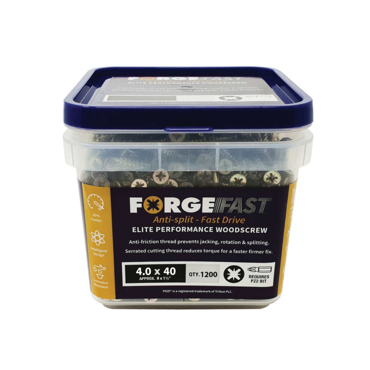 ForgeFix ForgeFast Pozi Compatible Elite Performance Wood Screw ZY 4.0 x 40mm Tub 1200 FORFFP440YT