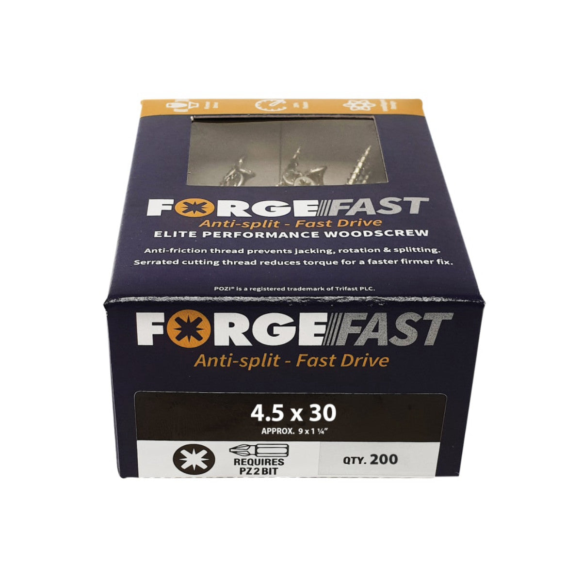 ForgeFix ForgeFast Pozi Compatible Elite Performance Wood Screw ZY 4.5 x 30mm Box 200 FORFFP4530Y