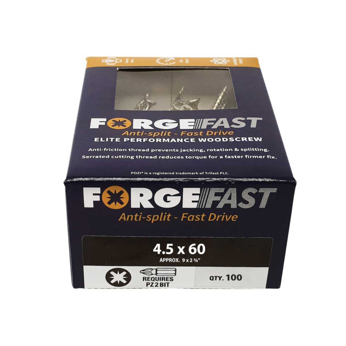 ForgeFix ForgeFast Pozi Compatible Elite Performance Wood Screw ZY 4.5 x 60 mm Box 100 FORFFP4560Y