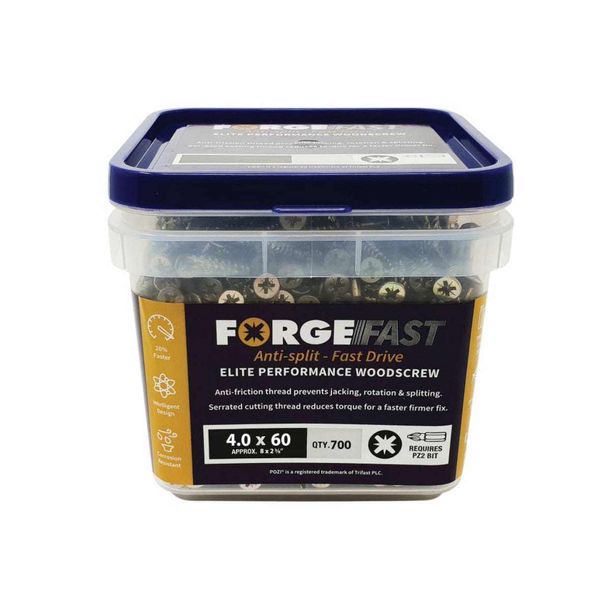 ForgeFix ForgeFast Pozi Compatible Elite Performance Wood Screw ZY 4.0 x 60mm Tub 700 FORFFP460YT