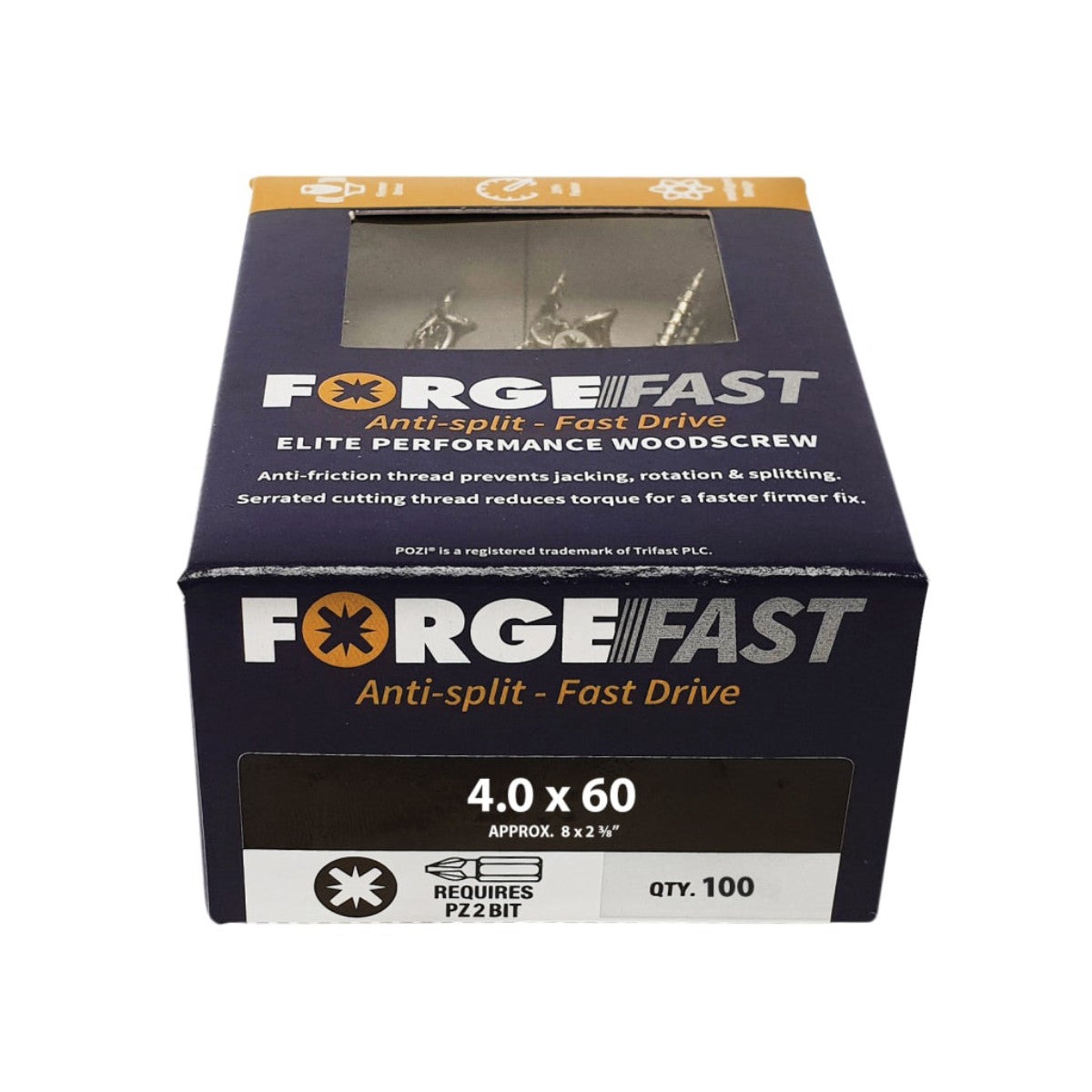 ForgeFix ForgeFast Pozi Compatible Elite Performance Wood Screw ZY 4.0 x 60mm Box 100 FORFFP460Y