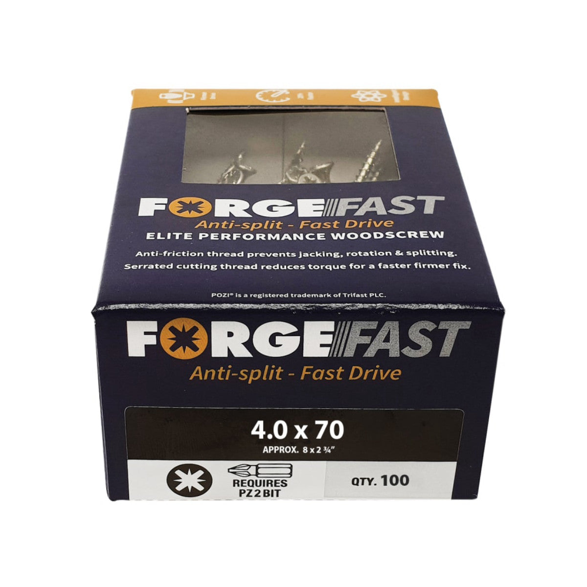ForgeFix ForgeFast Pozi Compatible Elite Performance Wood Screw ZY 4.0 x 70mm Box 100 FORFFP470Y