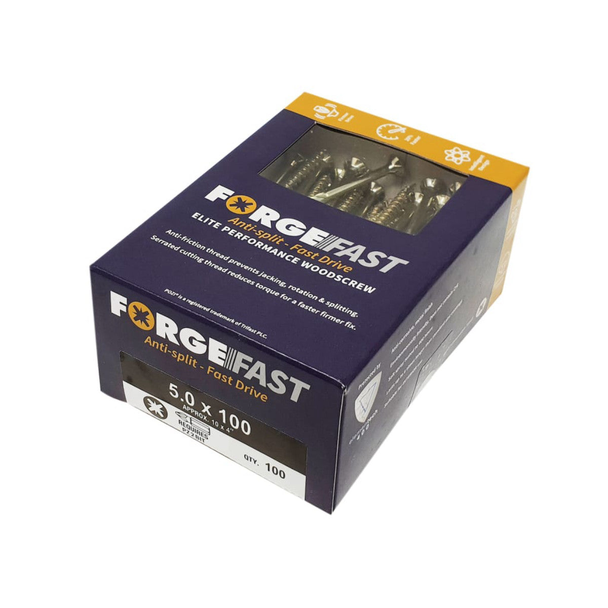 ForgeFix ForgeFast Pozi Compatible Elite Performance Wood Screw ZY 5.0 x 100mm Box 100 FORFFP5100Y