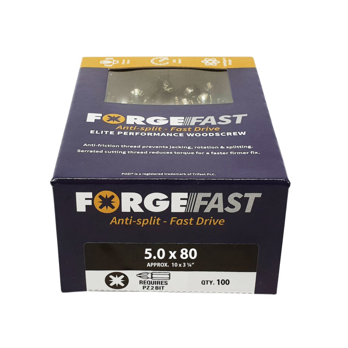 ForgeFix ForgeFast Pozi Compatible Elite Performance Wood Screw ZY 5.0 x 80mm Box 100 FORFFP580Y