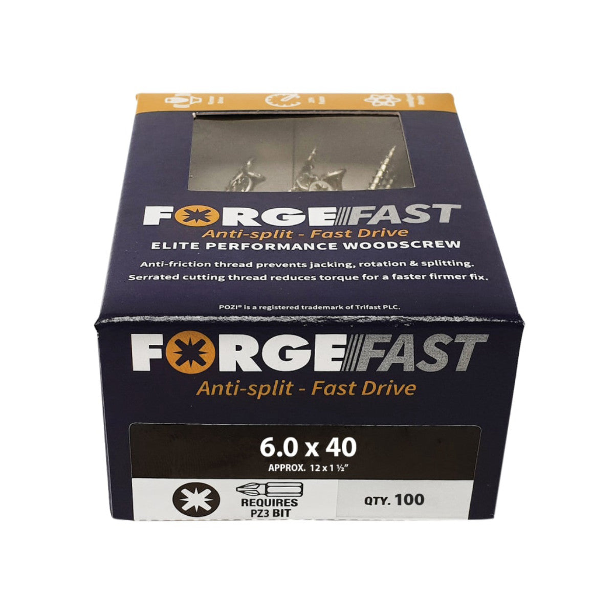 ForgeFix ForgeFast Pozi Compatible Elite Performance Wood Screw ZY 6.0 x 40mm Box 100 FORFFP640Y