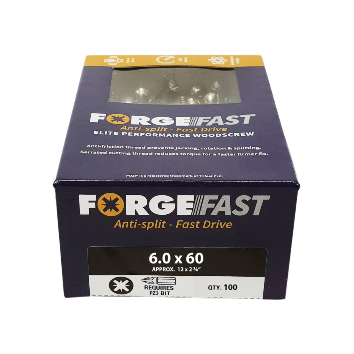 ForgeFix ForgeFast Pozi Compatible Elite Performance Wood Screw ZY 6.0 x 60mm Box 100 FORFFP660Y