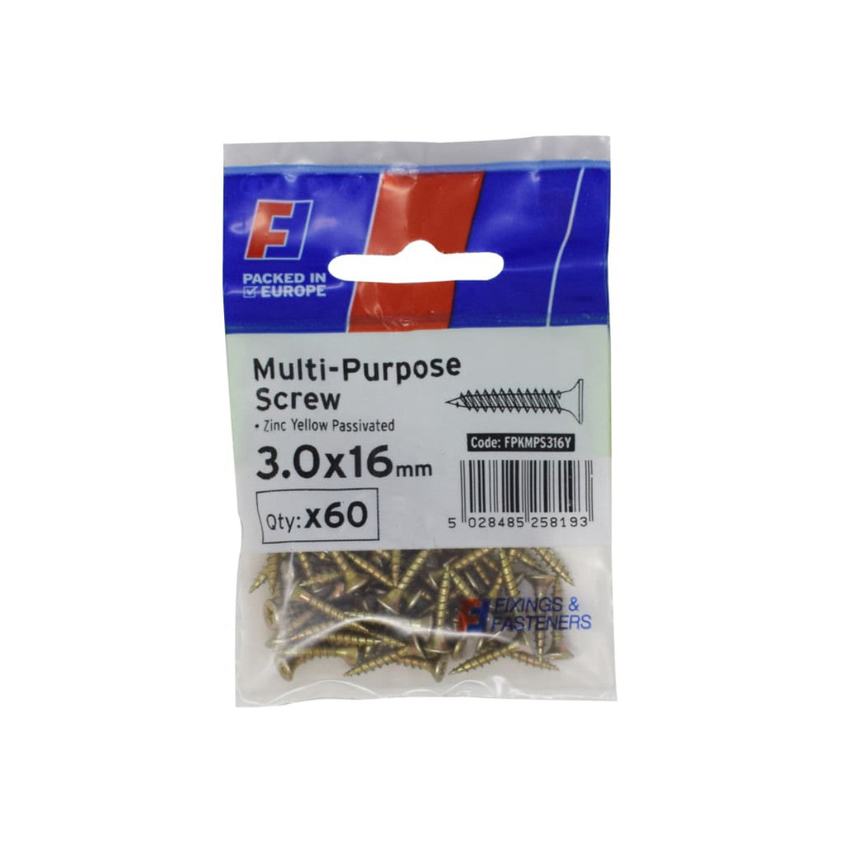 ForgeFix Multi-Purpose Pozi Screw CSK ST ZYP 3.0 x 16mm ForgePack 60 FORFPMS316Y