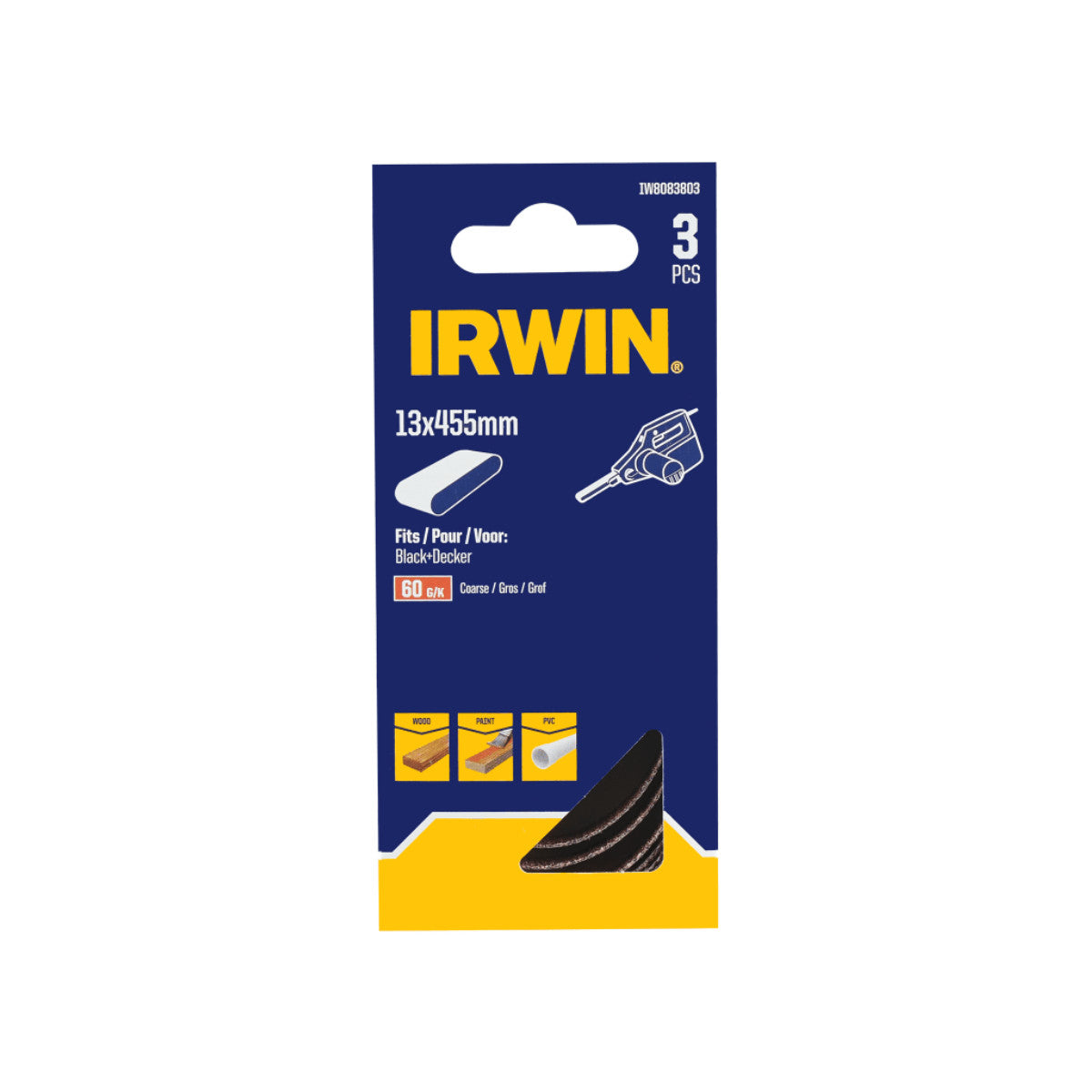 IRWIN Powerfile Sanding Belt 13 x 455mm 60G (Pack 3) IRWIW8083803