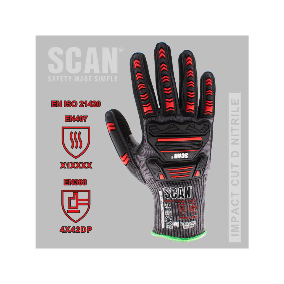 Scan Nitrile Palm Impact Cut D Gloves - M (Size 8) SCAGLOCIMM