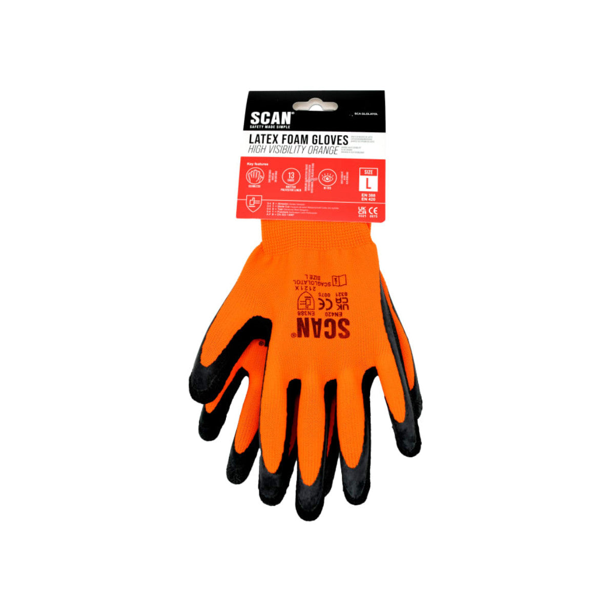 Scan Hi-Vis Orange Foam Latex Coated Gloves - L (Size 9) SCAGLOLATOL