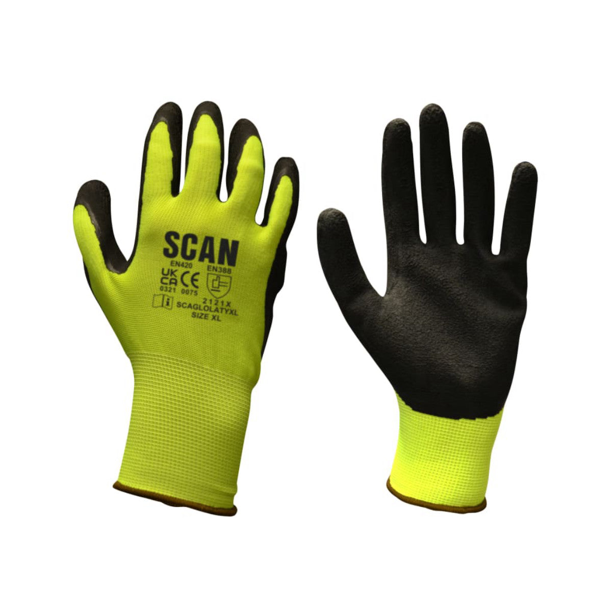 Scan Hi-Vis Yellow Foam Latex Coated Gloves -XL (Size 10) SCAGLOLATYXL