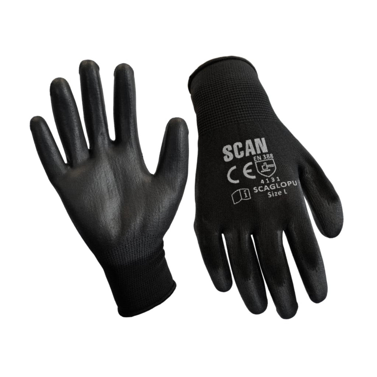 Scan Black PU Coated Gloves - M (Size 8) (12 Pairs) SCAGLOPU12M