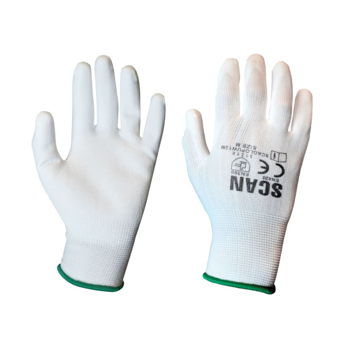 Scan White PU Coated Gloves - M (Size 8) (Pack 12) SCAGLOPUW12M
