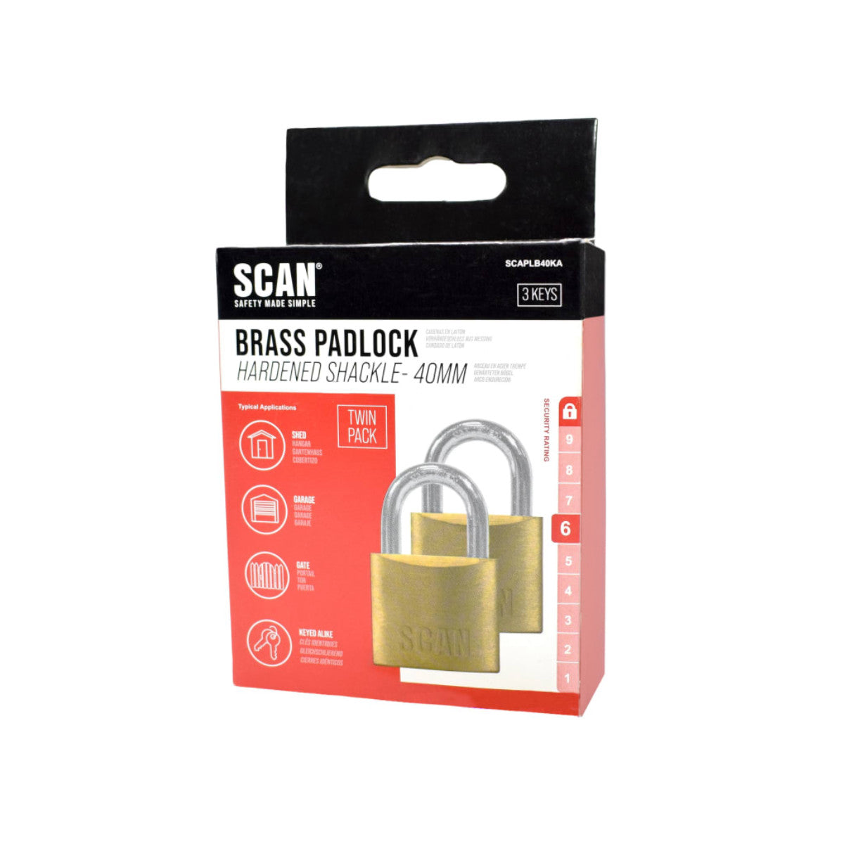 Scan Brass Padlock 40mm Keyed Alike Pack of 2 SCAPLB40KA