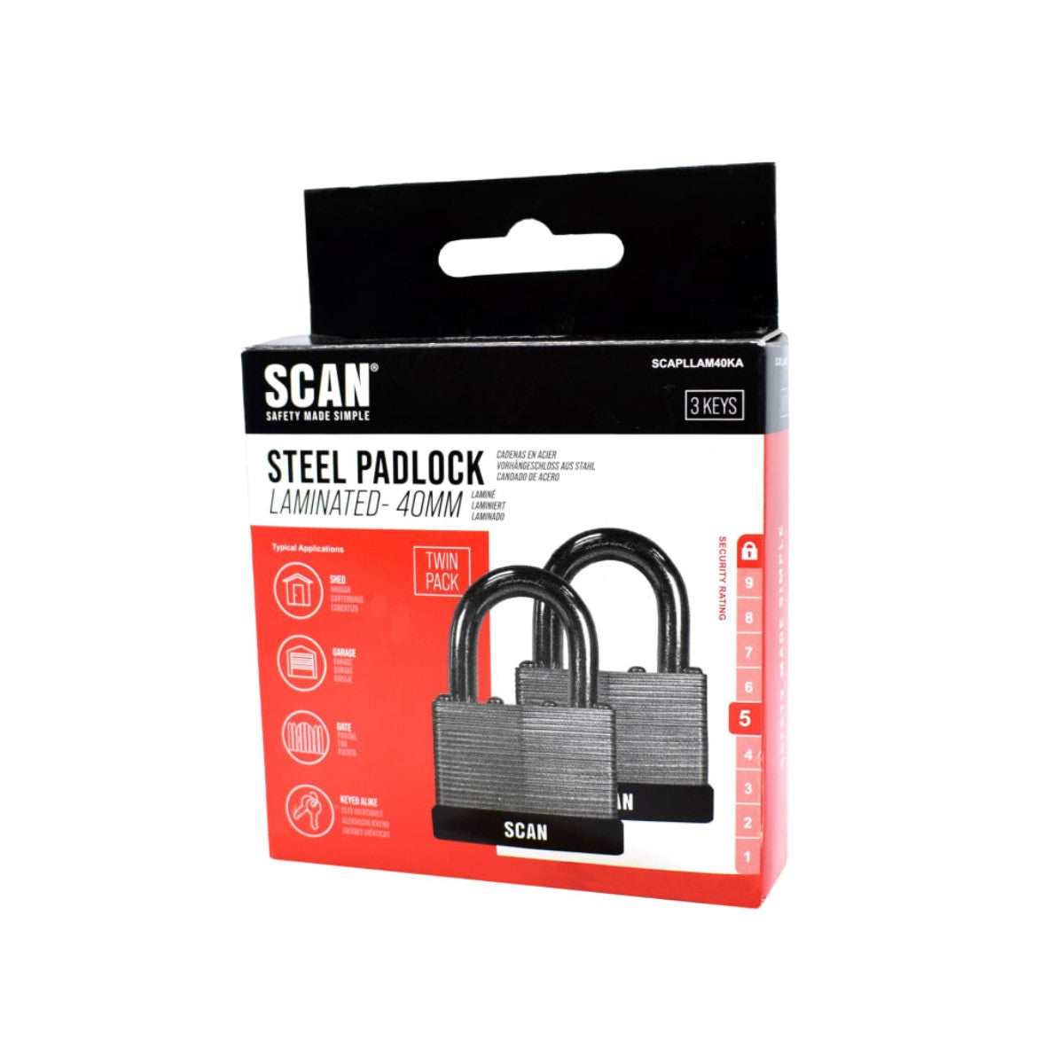 Scan Laminated Steel Padlock 40mm Keyed Alike Pack of 2 SCAPLLAM40KA