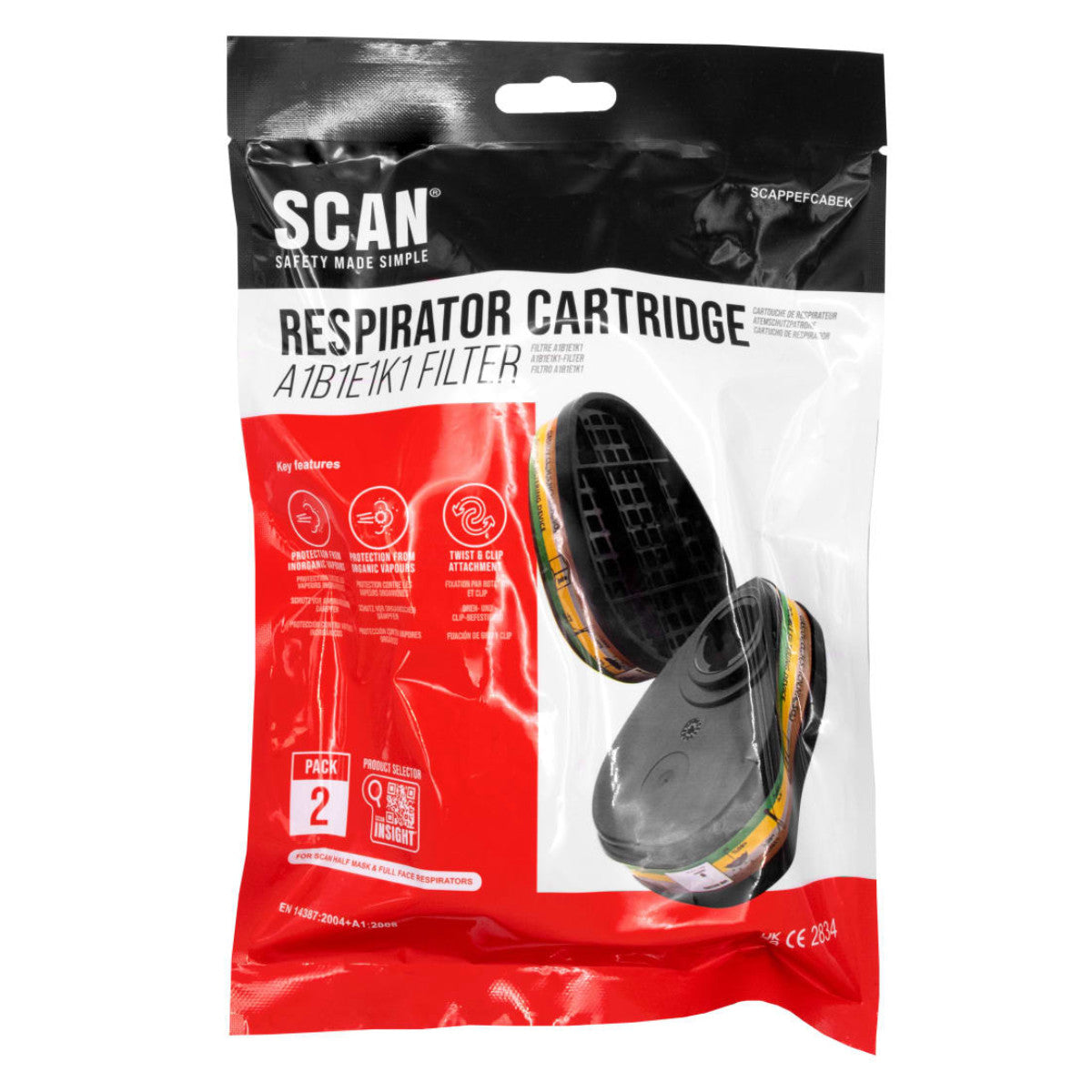 Scan Twin Half Mask A1B1E1K1 Gas Filter Cartridge (Pack of 2) SCAPPEFCABEK