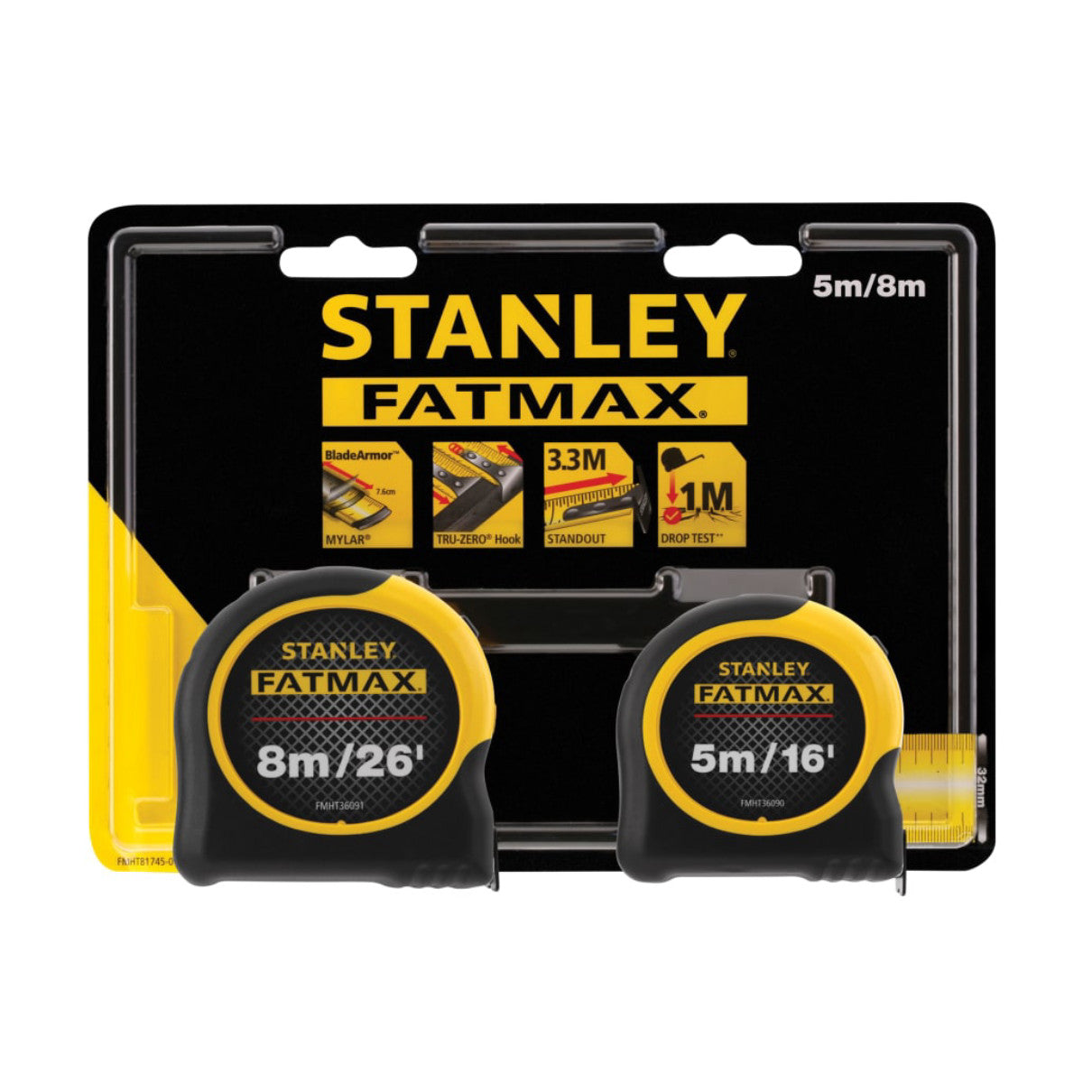 STANLEY Hand Tools FatMax Classic Tape Twin Pack 5m/16ft + 8m/26ft (Width 32mm) STA081745