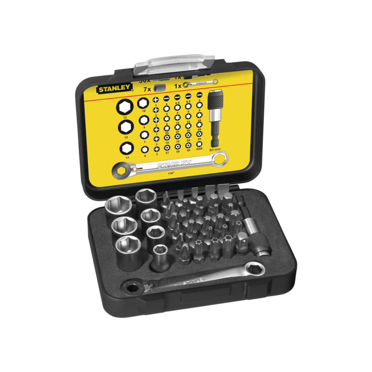 STANLEY Hand Tools 1/4in Drive Bit & Socket Set of 39 + Ratchet End STA113907